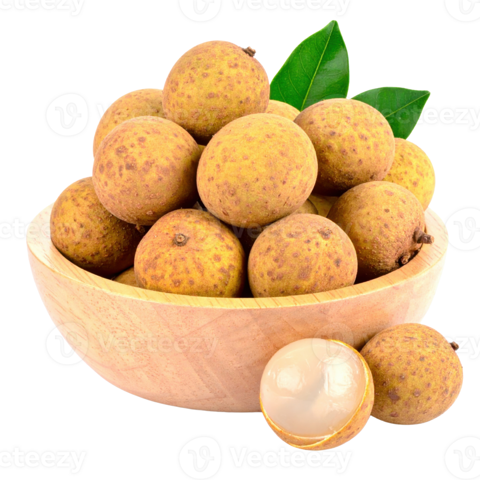 Longan fruit in wooden bowl with green leaves png