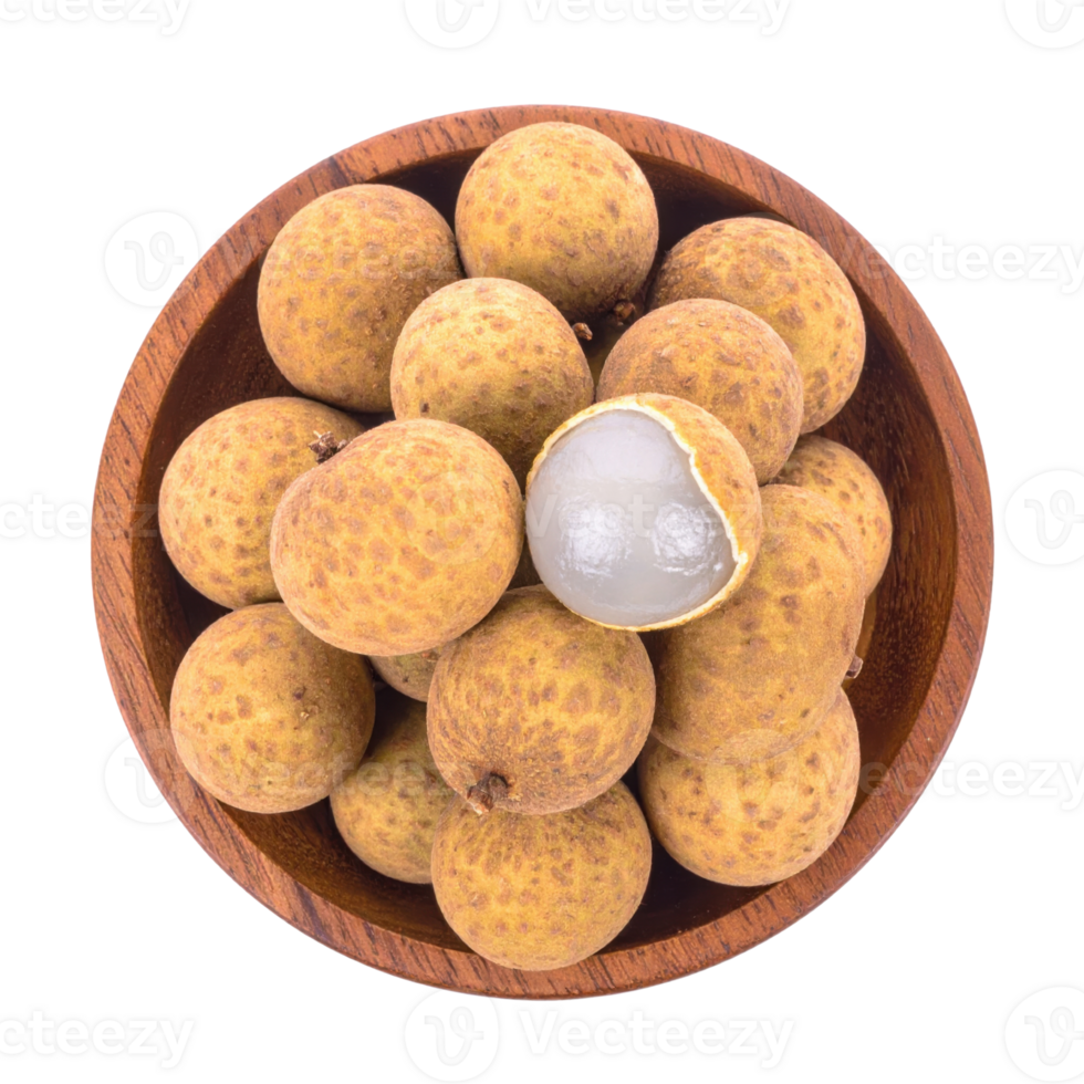 Longan fruit in wooden bowl, one peeled revealing flesh png