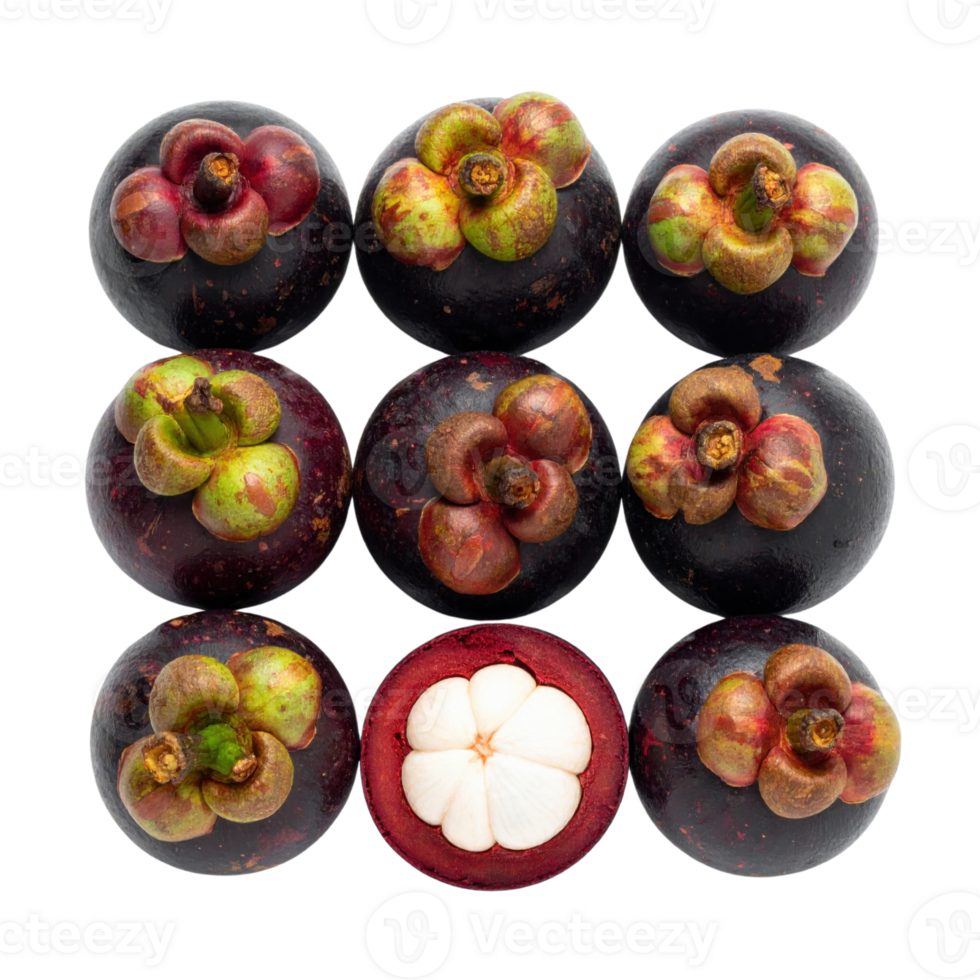 Mangosteen fruits arranged in grid pattern, vibrant and fresh png