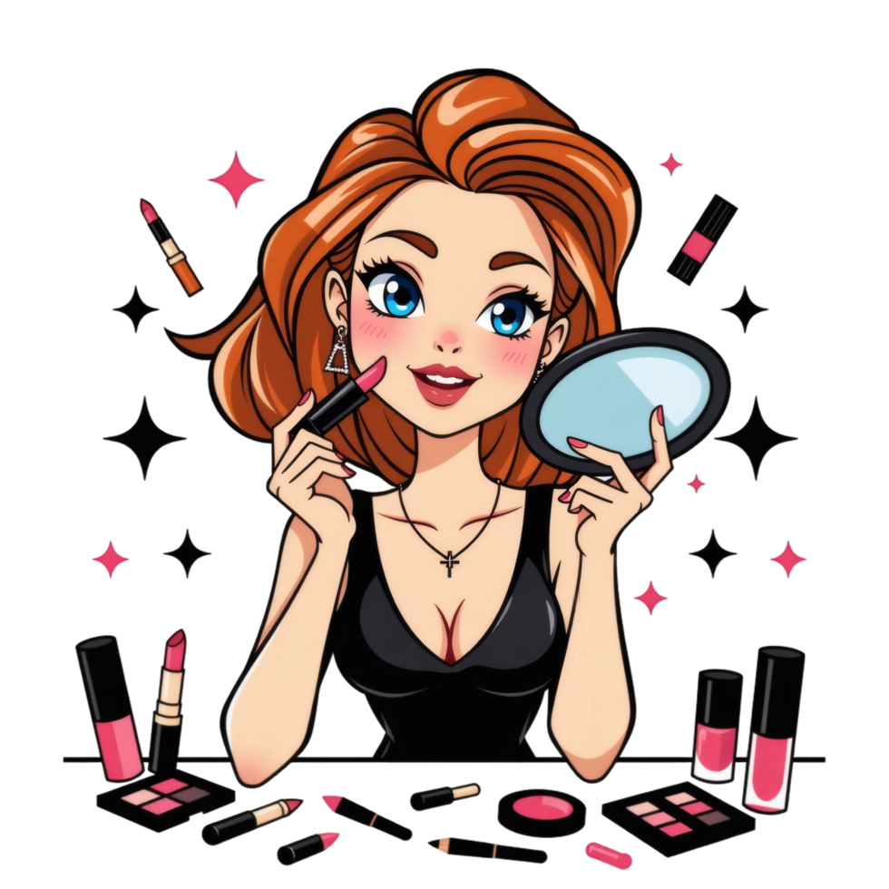 Lady Holding Compact in Cartoon Scene png