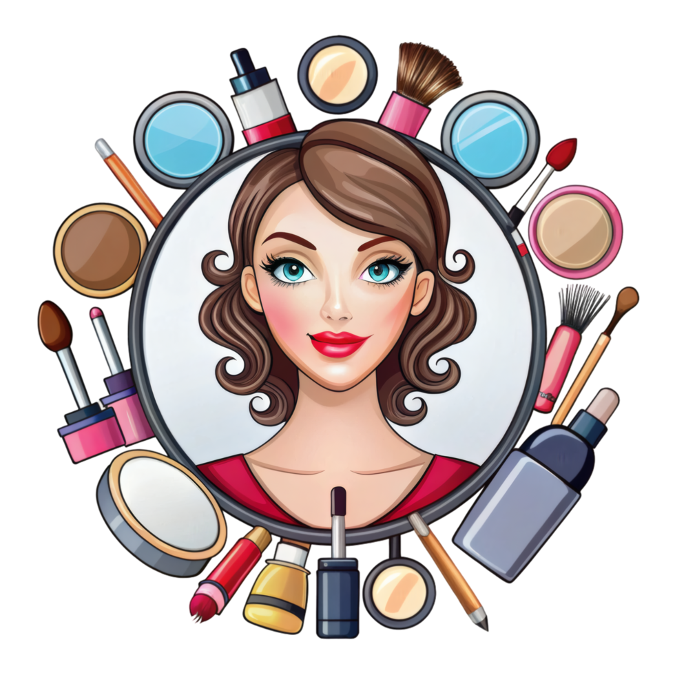 Woman Holding Mirror with Beauty Tools png