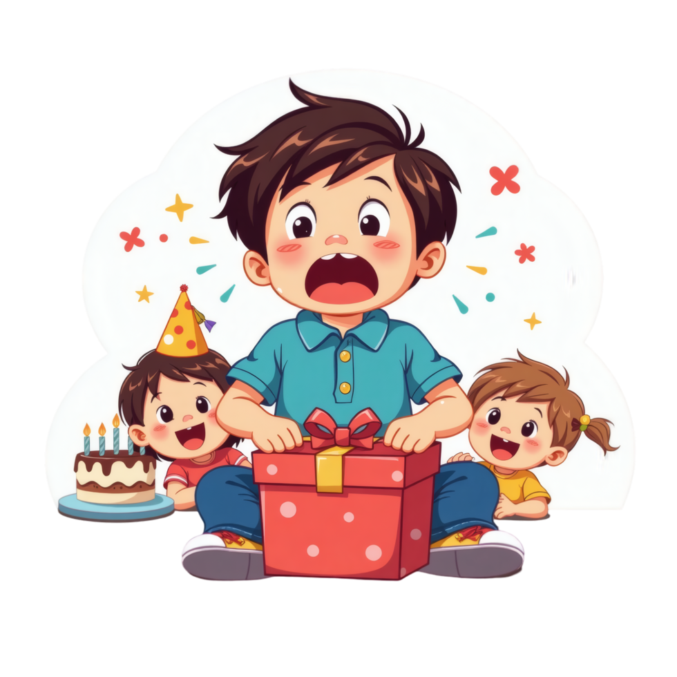 Cartoon Kids Celebrating Gift Moment png