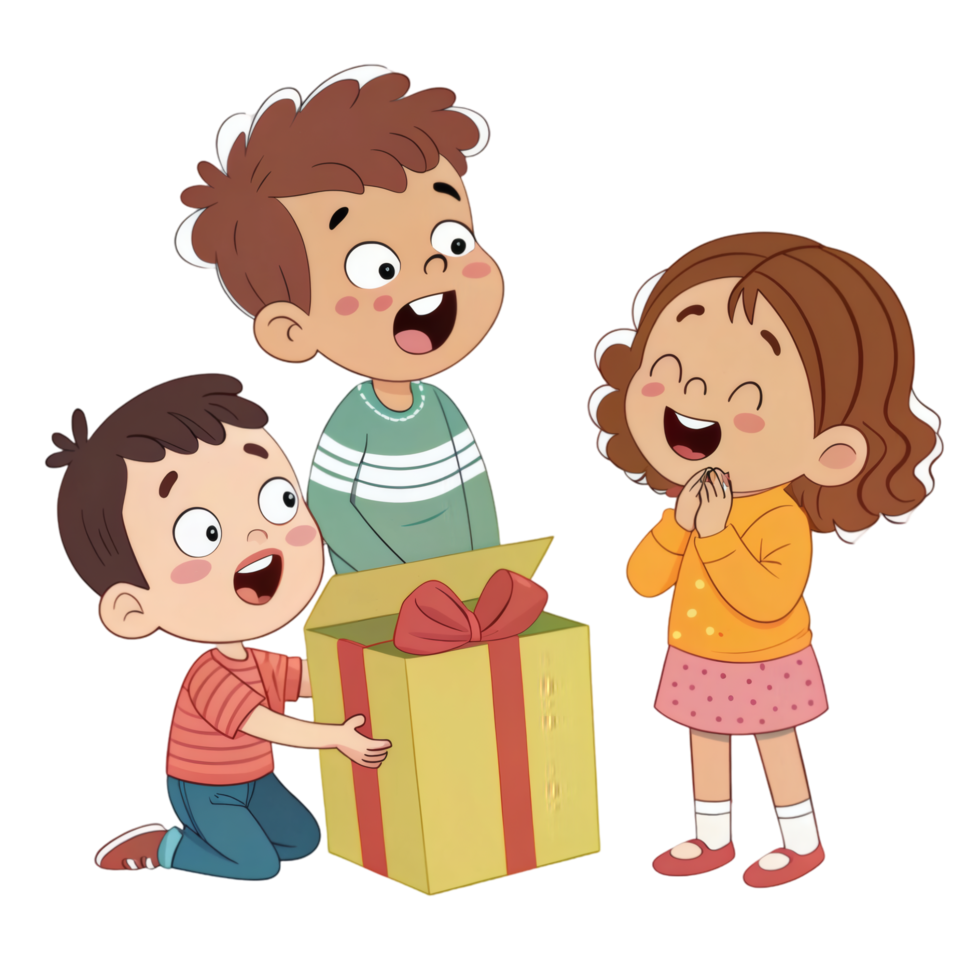 Surprised Kid Opening Present With Siblings png