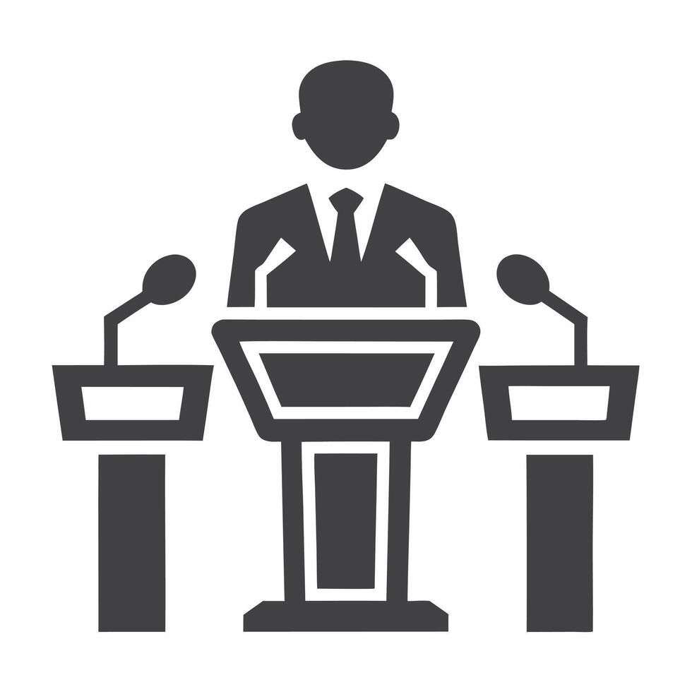 Speaker at Podium with Two Microphones Icon Gray Silhouette vector