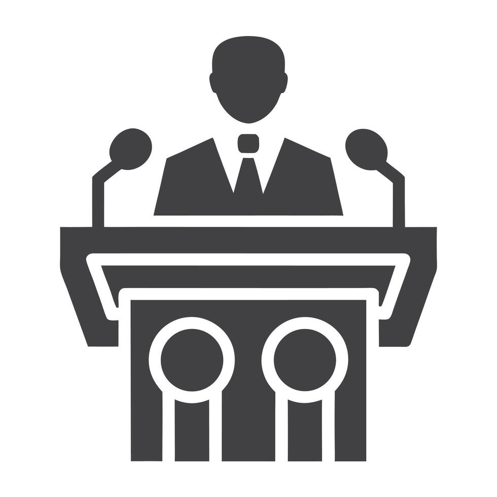 Speaker at Podium with Microphones Gray Icon Isolated on White Background vector