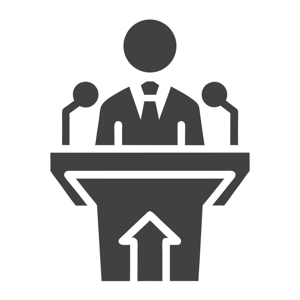 Speaker at Podium with Upward Arrow Icon Gray Silhouette on White Background vector