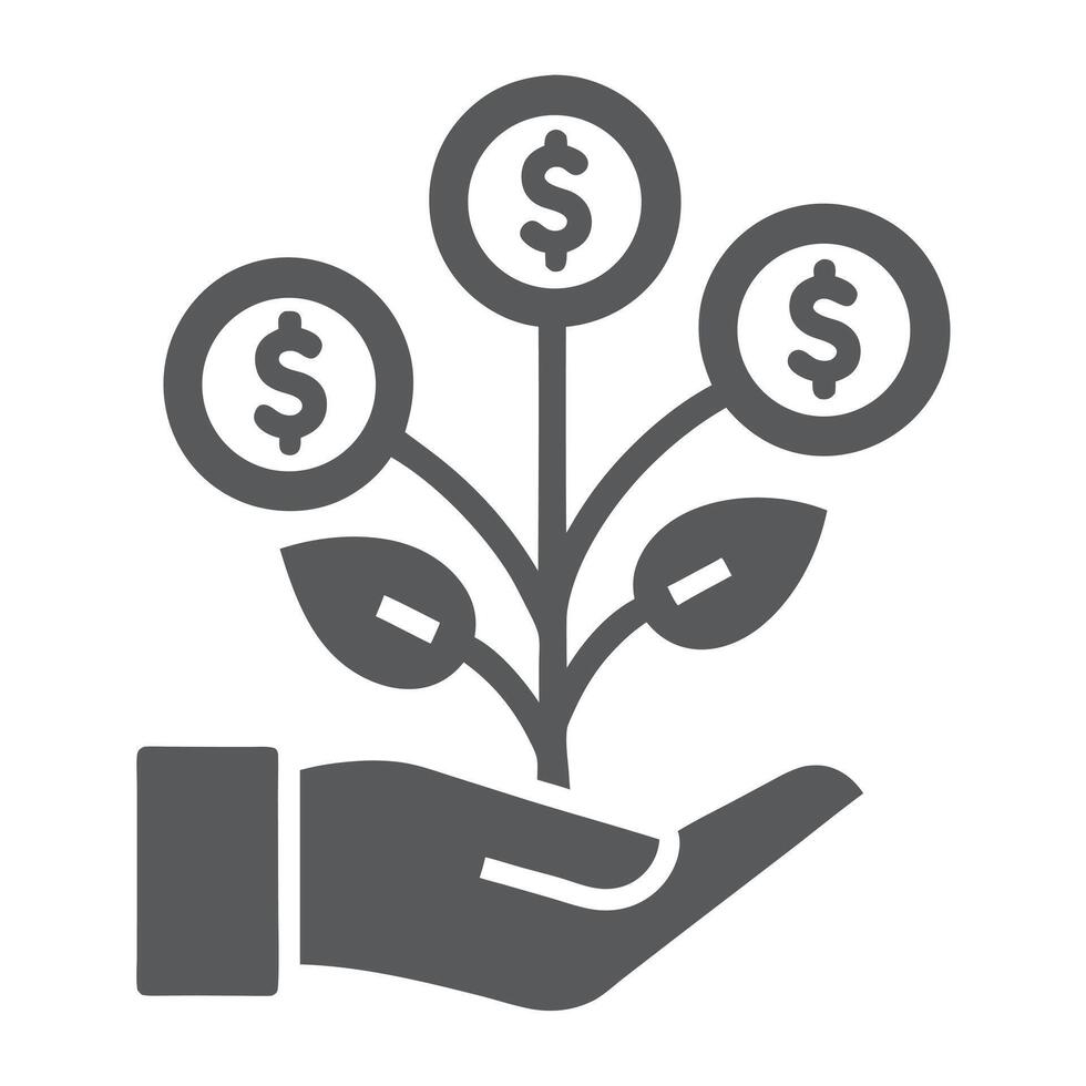 Gray Hand Holding Money Tree Icon Three Dollar Coins Growth Finance Investment Symbol vector