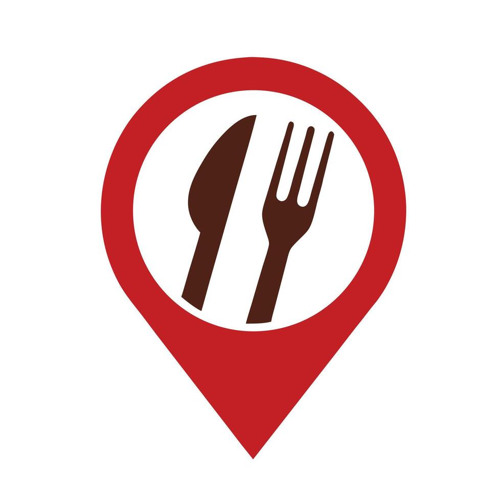 Red Location Pin Icon with Brown Knife and Fork vector