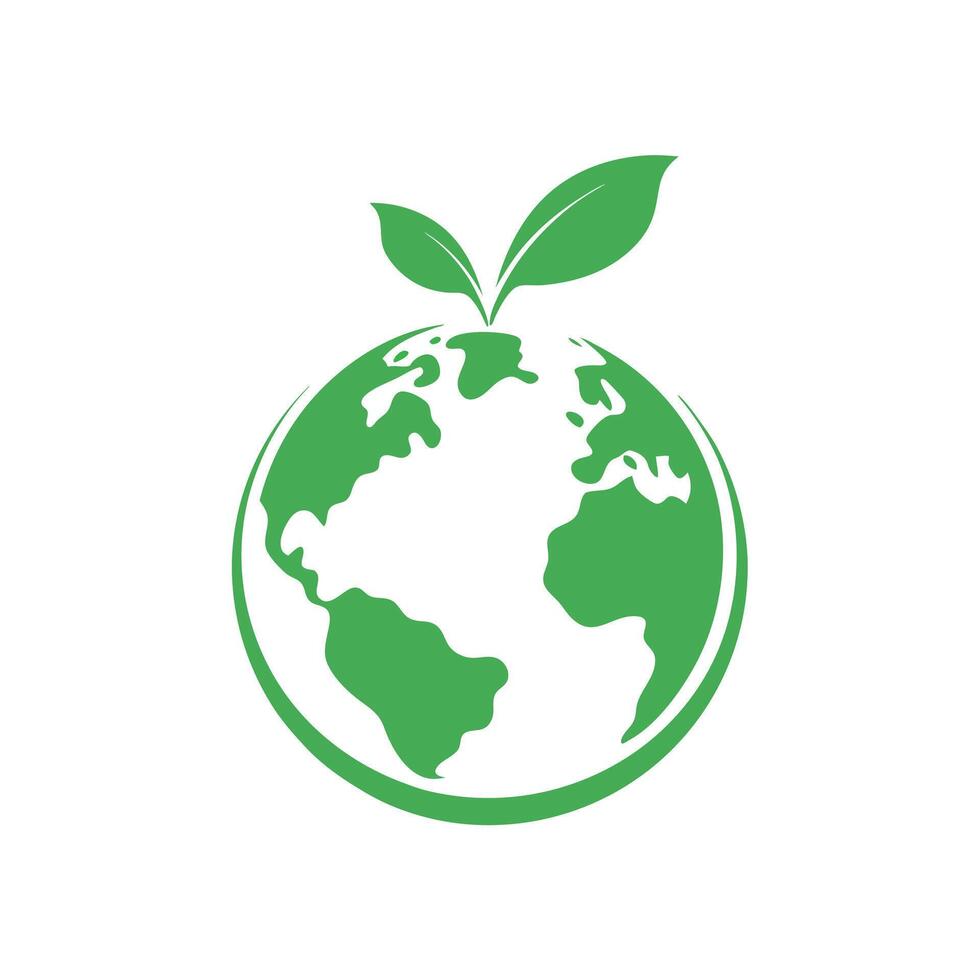 Green Earth Globe with Two Leaves on White Background Eco Friendly Logo vector