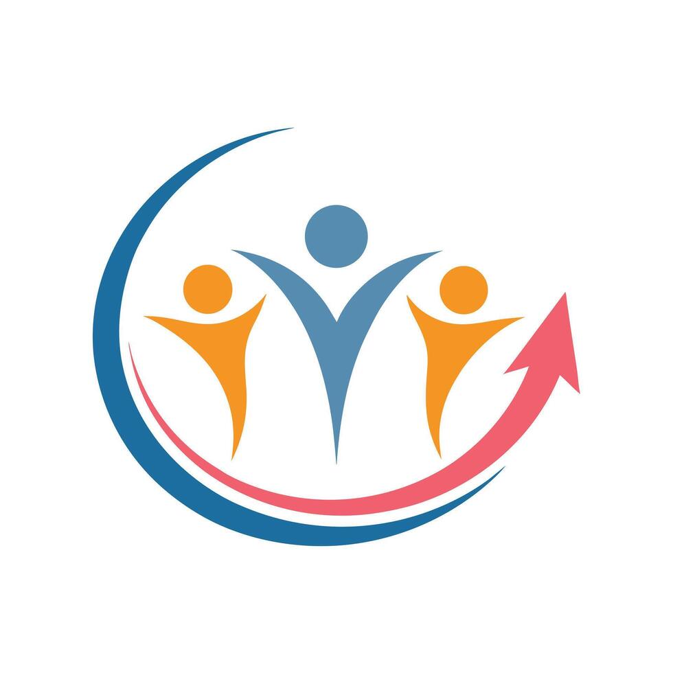 Abstract Logo Design Three People Upward Arrow Blue Orange Red Teamwork Growth vector