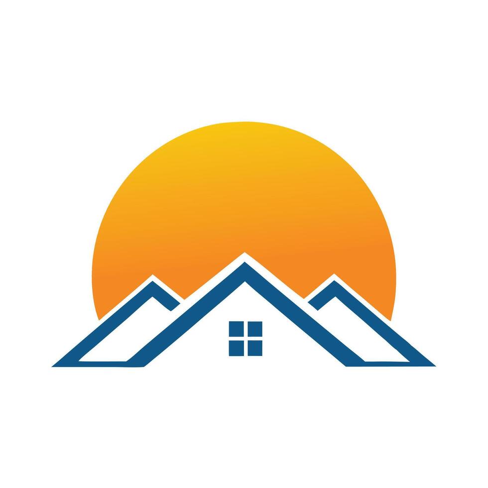 Blue House Silhouette Mountains Orange Sunset Logo Design vector