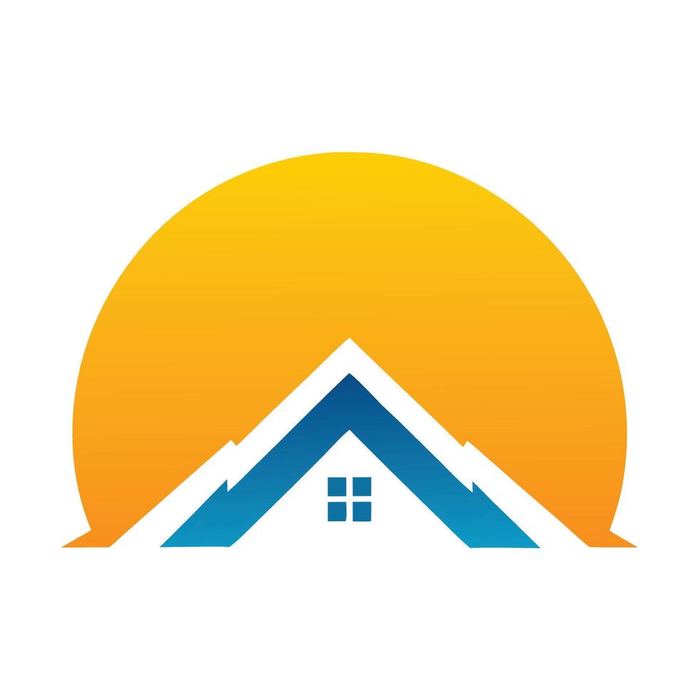 Blue House Silhouette Mountain Peak Orange Sunset Logo Design vector