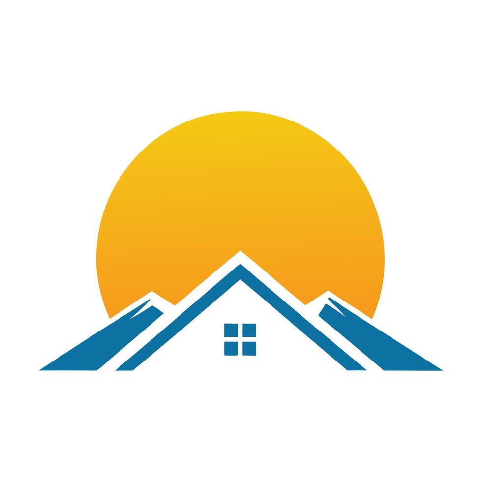 Blue House Silhouette Mountains Yellow Sun Logo Design vector