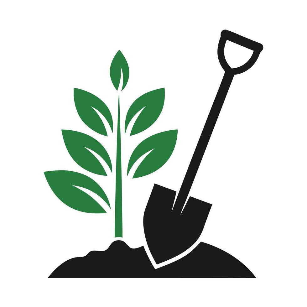 Green Plant Sprout Growing from Black Soil with Shovel 2 vector