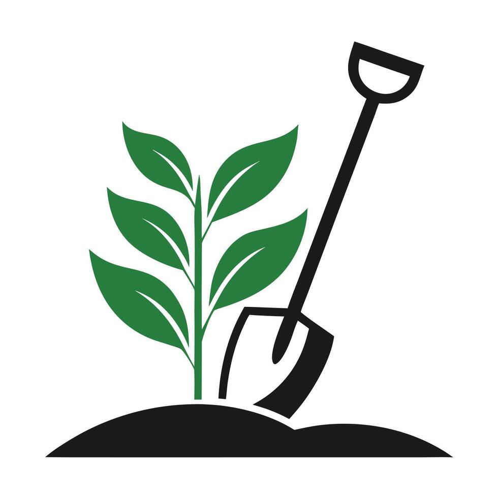 Green Plant Sprout Growing from Black Soil with Black Shovel vector