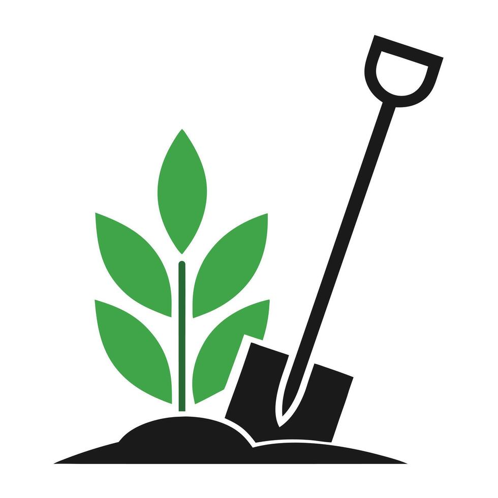 Green Plant Sprout Growing from Black Soil with Shovel vector