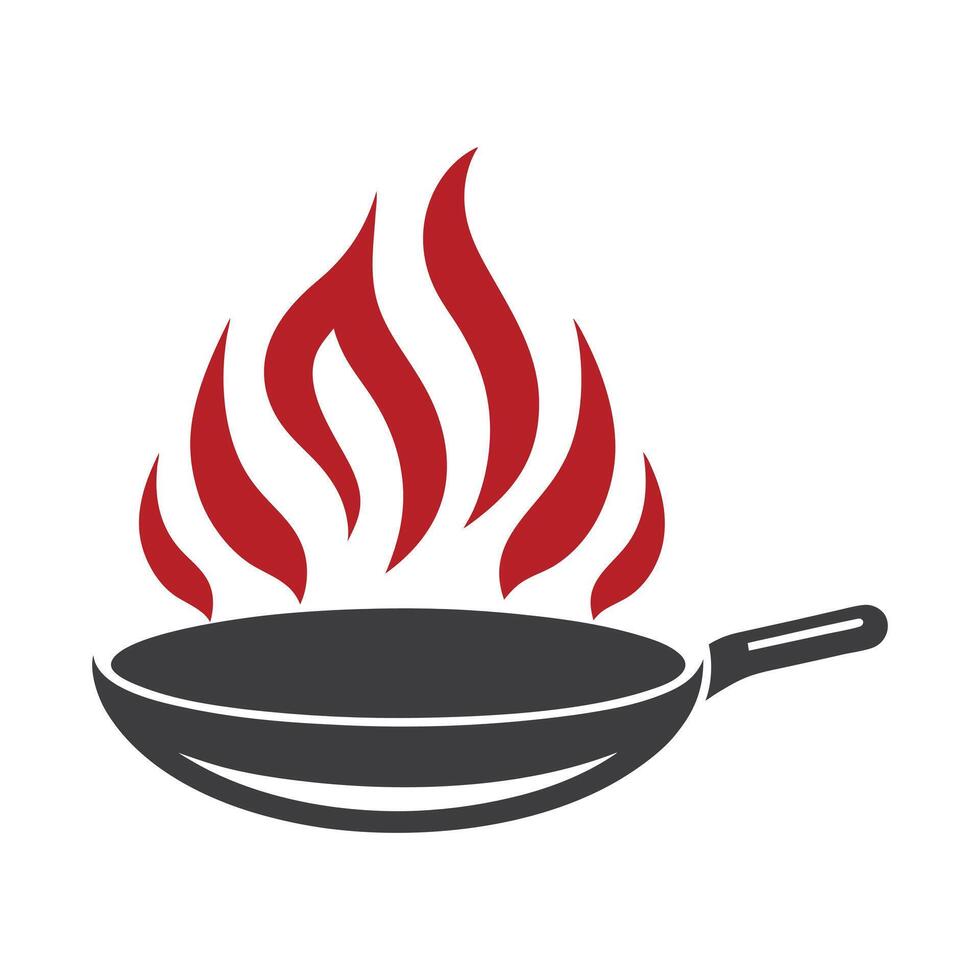 Dark Gray Frying Pan with Red Flames Cooking Icon food vector