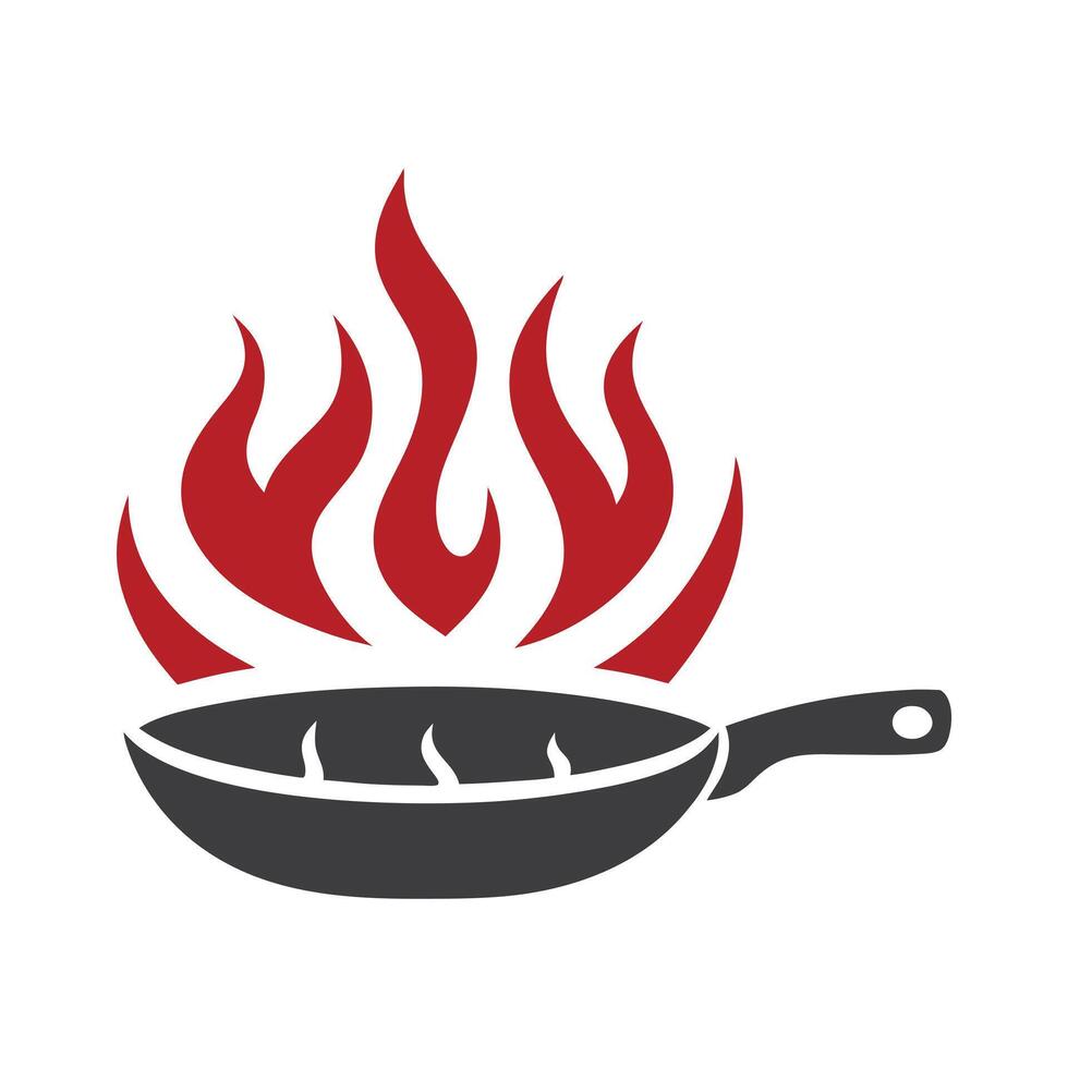 Red Flames Above Gray Frying Pan Cooking Icon Graphic vector