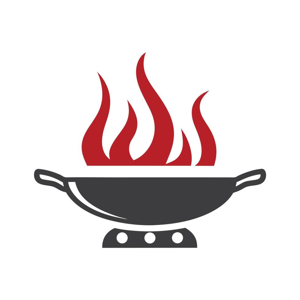 Red Flames Above Dark Gray Wok on Burner Icon fire vector
