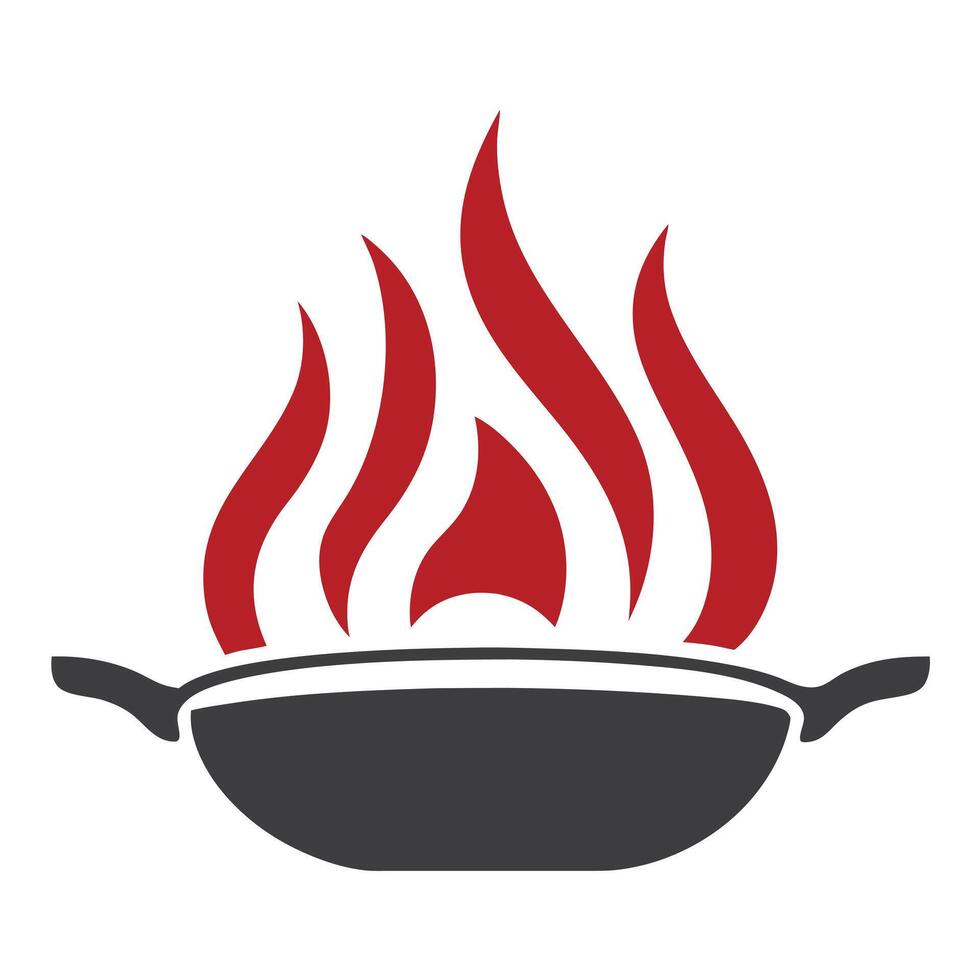 Red Flames Above Dark Gray Wok Cooking Pan Icon fire vector