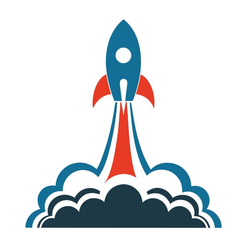 Teal Red Rocket Launching Through Dark Smoke Clouds vector
