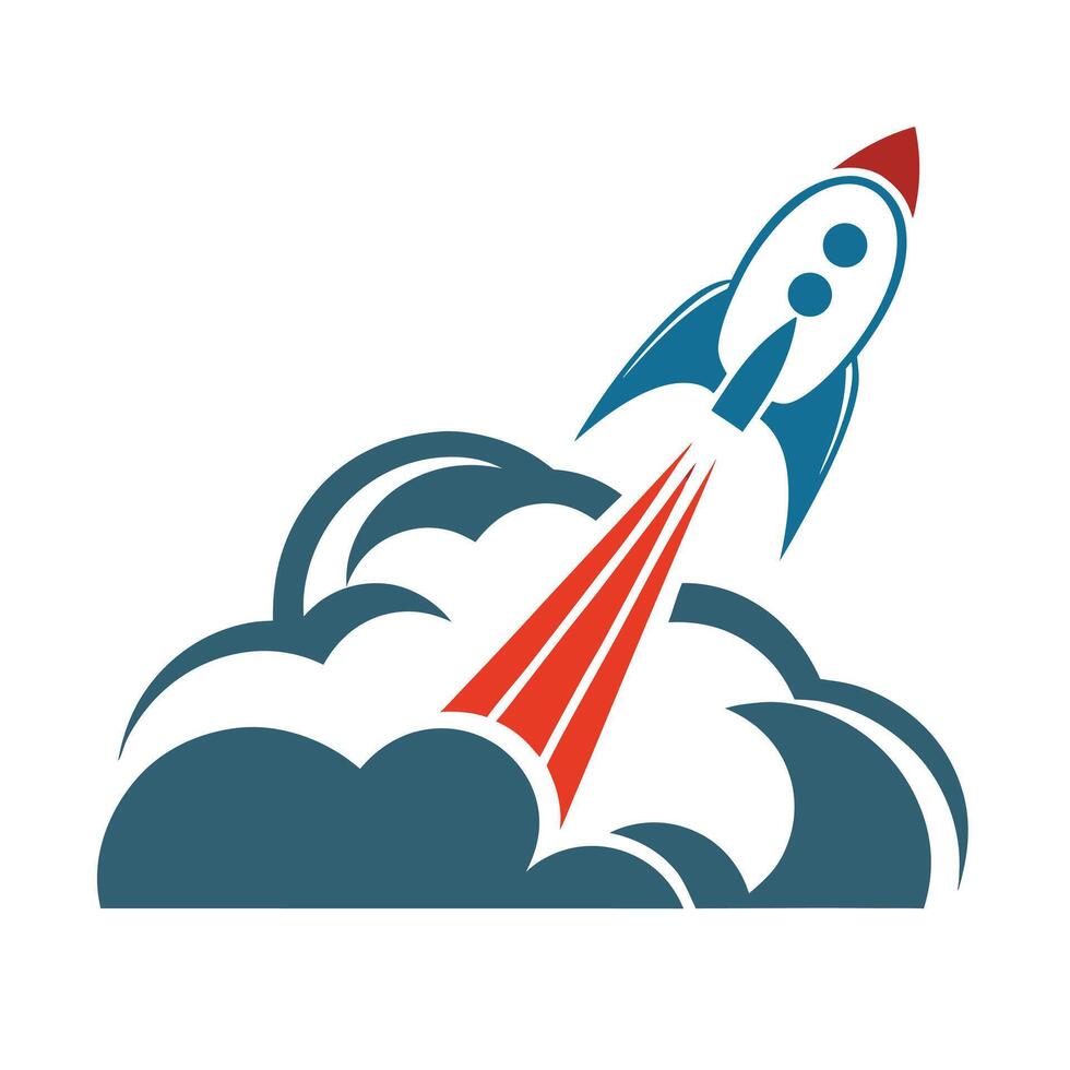 Teal Blue Rocket Launching Red Flames White Background 1 vector