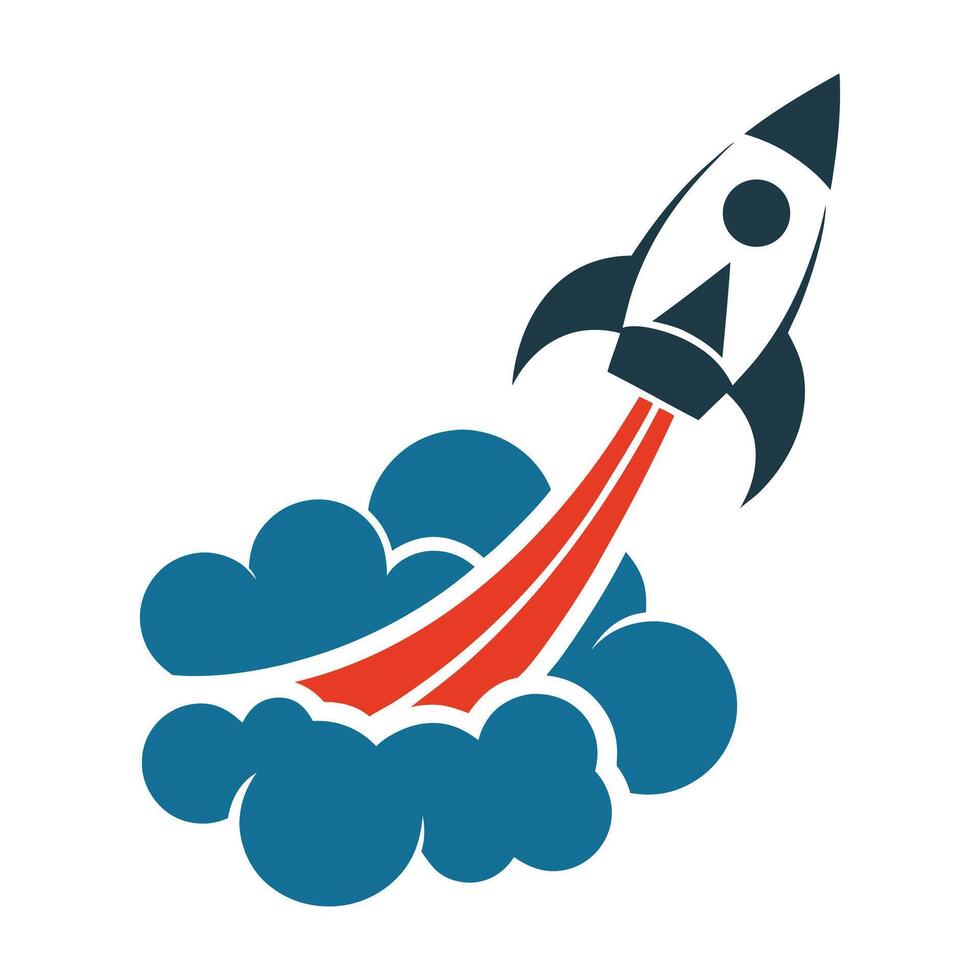 Teal Blue Rocket Launching Red Flame White Background 1 vector