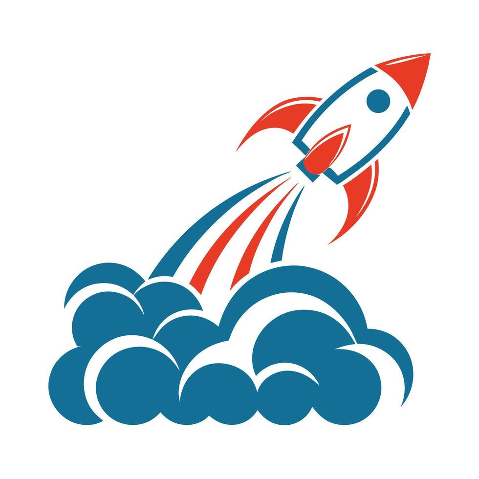 Red and Teal Rocket Launching Through Blue Smoke Clouds vector