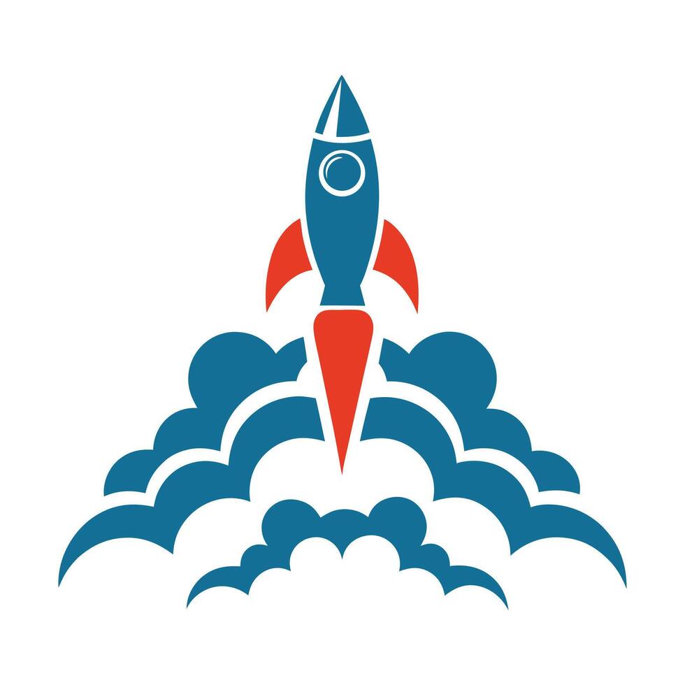 Teal Blue Rocket Launching Red Flame White Background 3 vector