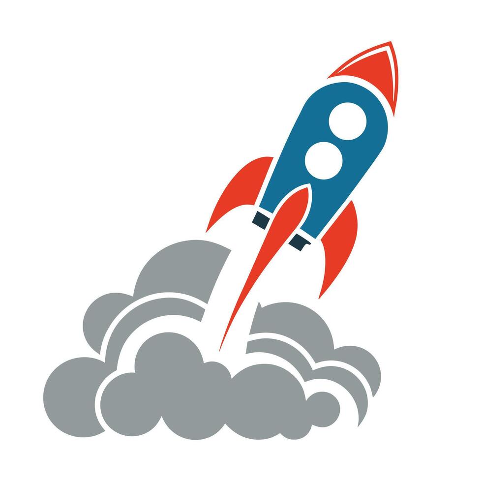 Red Blue Rocket Launching Through Grey Smoke Cloud vector