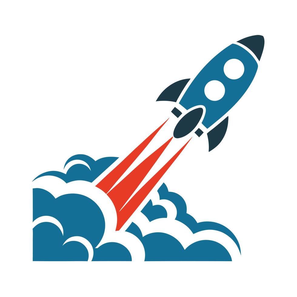 Blue Rocket Launching Red Flames Teal Smoke Clouds Space Flight Icon 1 vector
