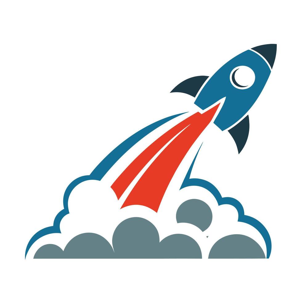 Blue Rocket Launching Red Flame Gray Smoke Cloud Startup Icon vector