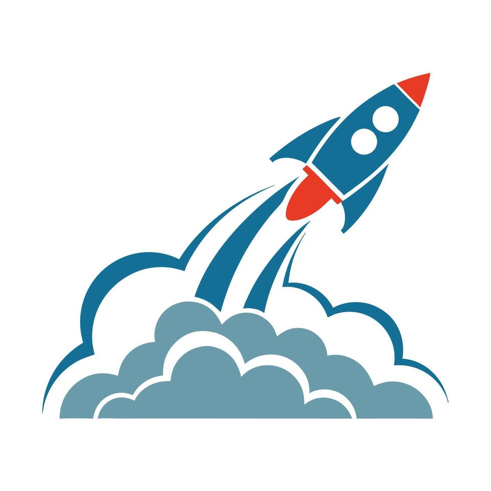 Blue Rocket Launching Red Flame Teal Smoke Cloud Startup Icon 1 vector