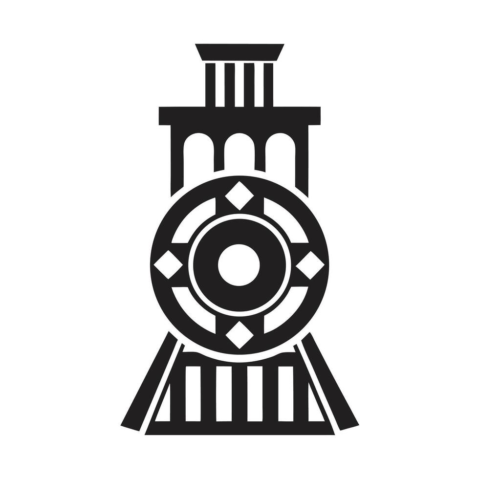 Black and White Stylized Train Wheel with Architectural Top on White Background vector
