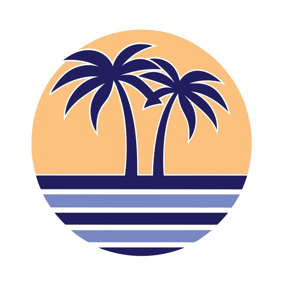 Two Dark Blue Palm Trees on Peach Sunset Beach Scene Circle Graphic vector