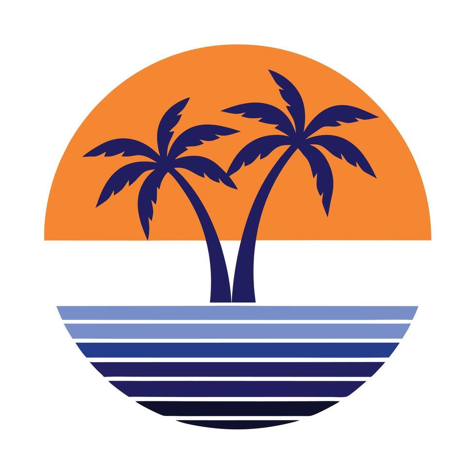 Two Dark Blue Palm Trees Silhouette Orange Sunset Blue Ocean Stripes Retro Design vector