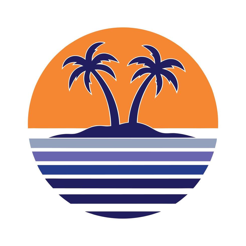 Retro Sunset Scene Two Palm Trees Orange Blue Island vector