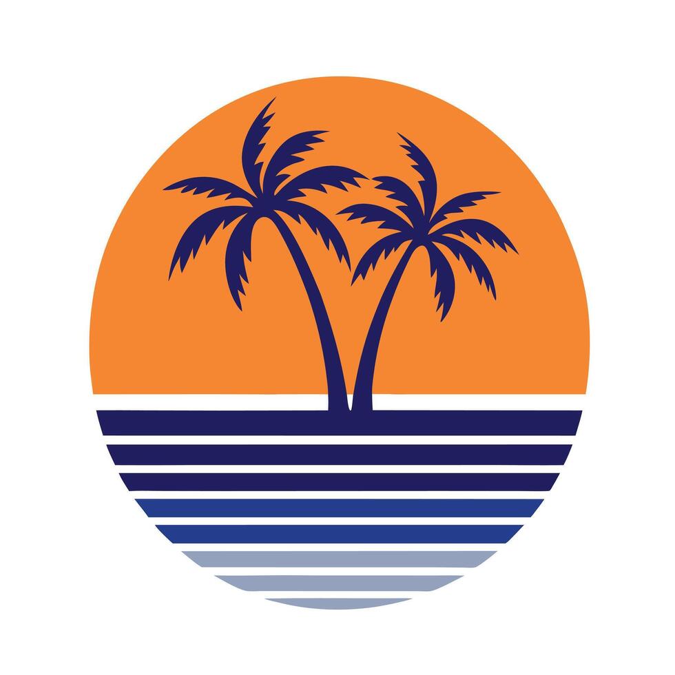 Orange Sunset Palm Trees Blue Ocean Retro Style Graphic vector