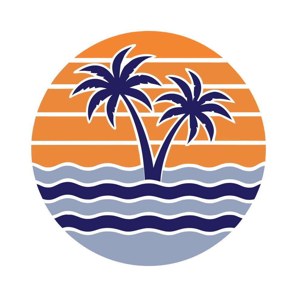 Two Palm Trees Silhouette Orange Sunset Ocean Waves Retro Design vector