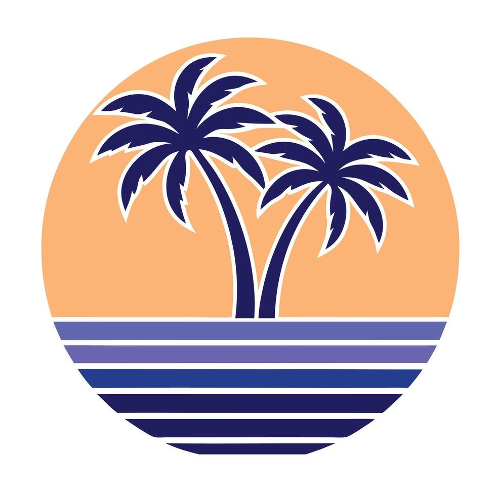Two Palm Trees Silhouette Sunset Ocean Retro Style Graphic vector