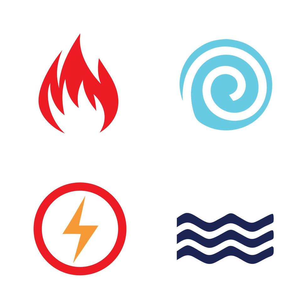 Four Abstract Icons Representing Fire Water Electricity and Waves Red Blue Orange and Dark Blue on White Background vector