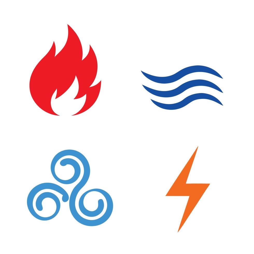 Four Classic Elemental Symbols Red Fire Blue Water Spiral Air Orange Lightning Bolt Icons White Background vector