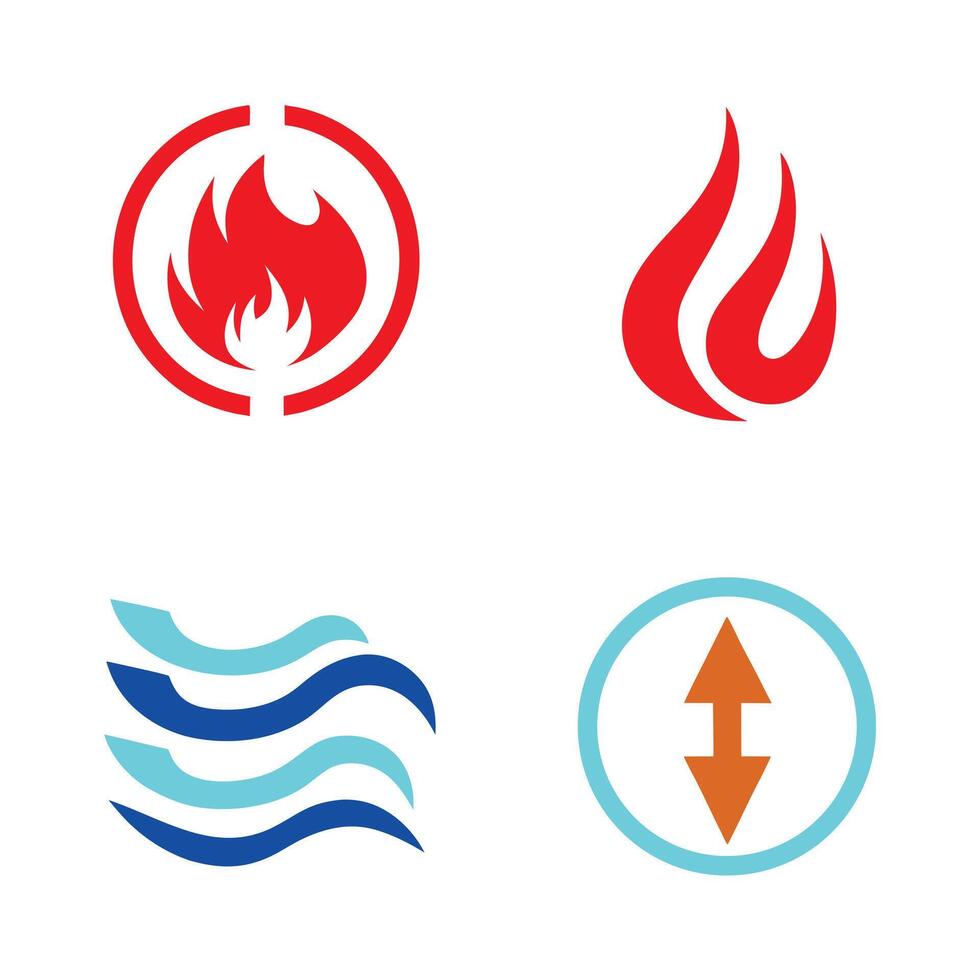 Four Abstract Red Blue and Orange Symbols Representing Fire Water and Up Down Arrows in a Minimalist Style on White vector