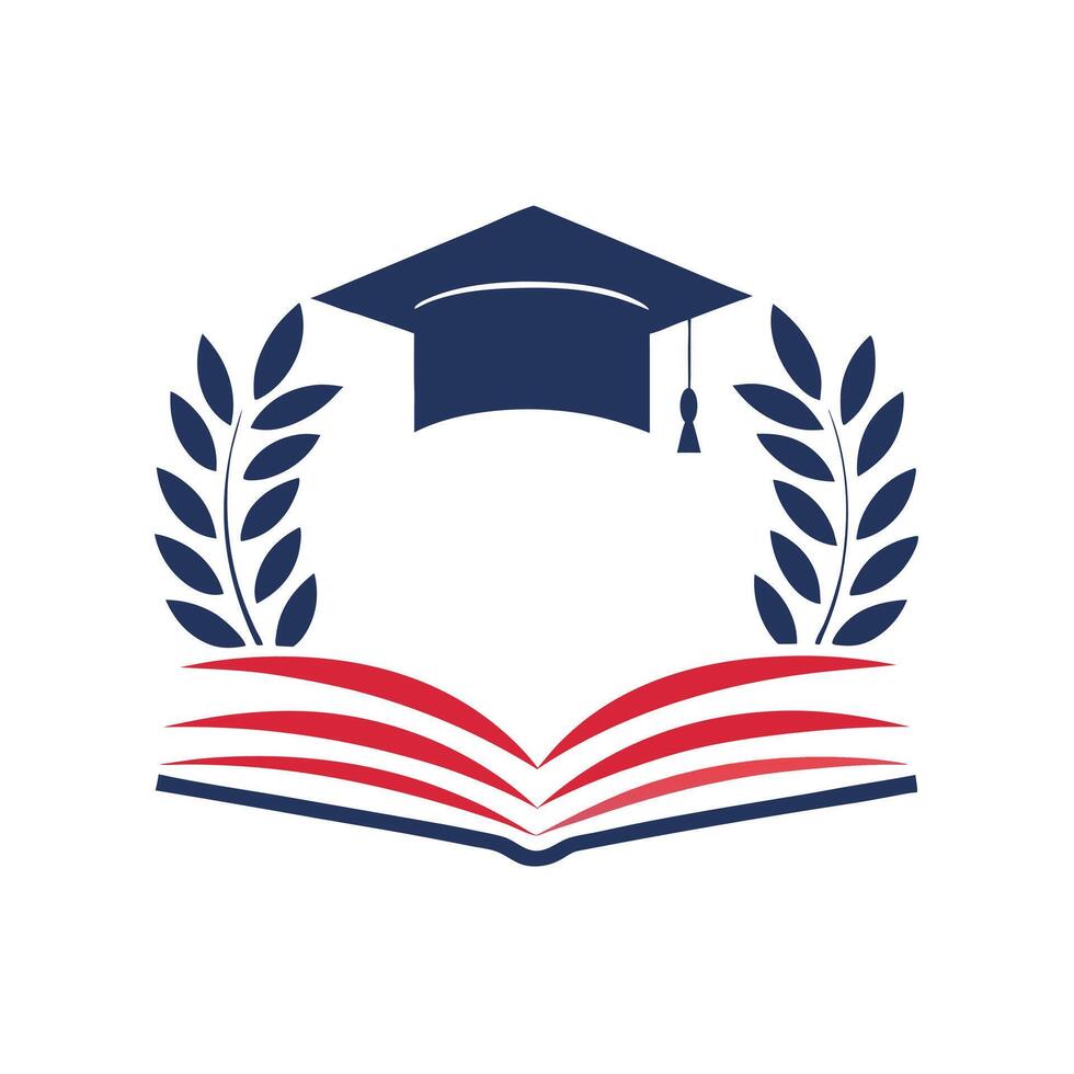 Graduation Cap Red White Blue Open Book Laurel Wreath Academic Achievement Emblem Design vector