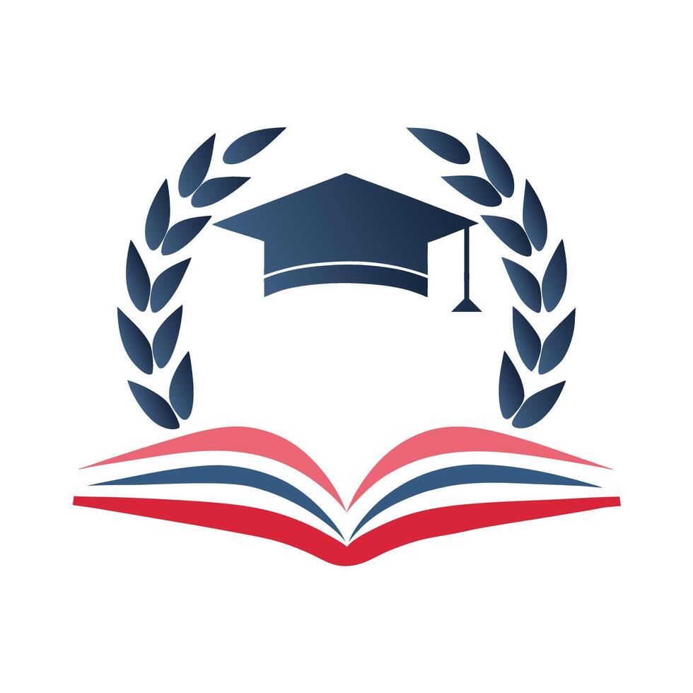 Graduation Cap Above Open Book with Red Blue and White Pages Surrounded by Dark Blue Laurel Wreath vector