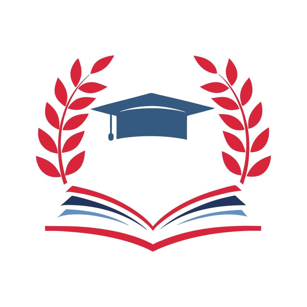 Red and Blue Graduation Cap Book Emblem with Laurel Wreath Academic Achievement Symbol Education Icon vector