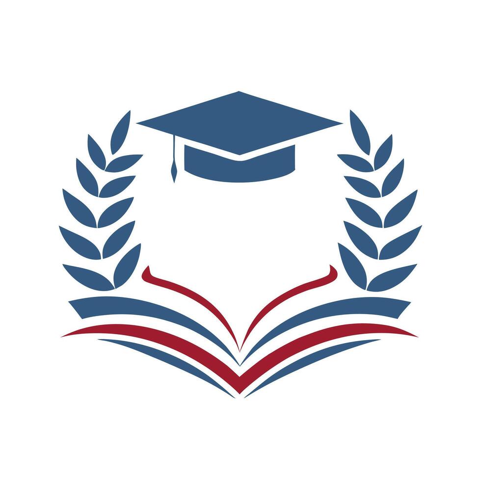 Graduation Cap Laurel Wreath Open Book Emblem Blue Red White Academic Achievement Symbol vector