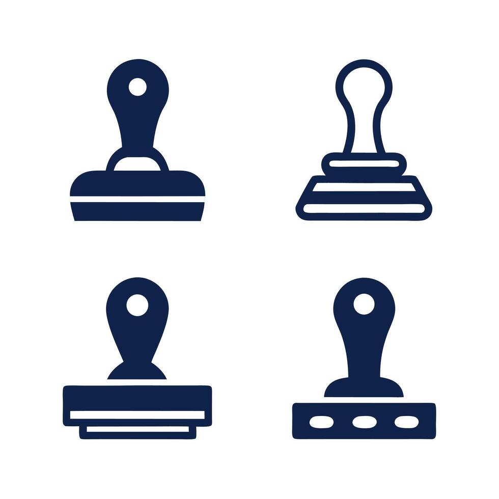 Collection of Four Dark Blue Rubber Stamps Icons Isolated on White Background Different Designs vector