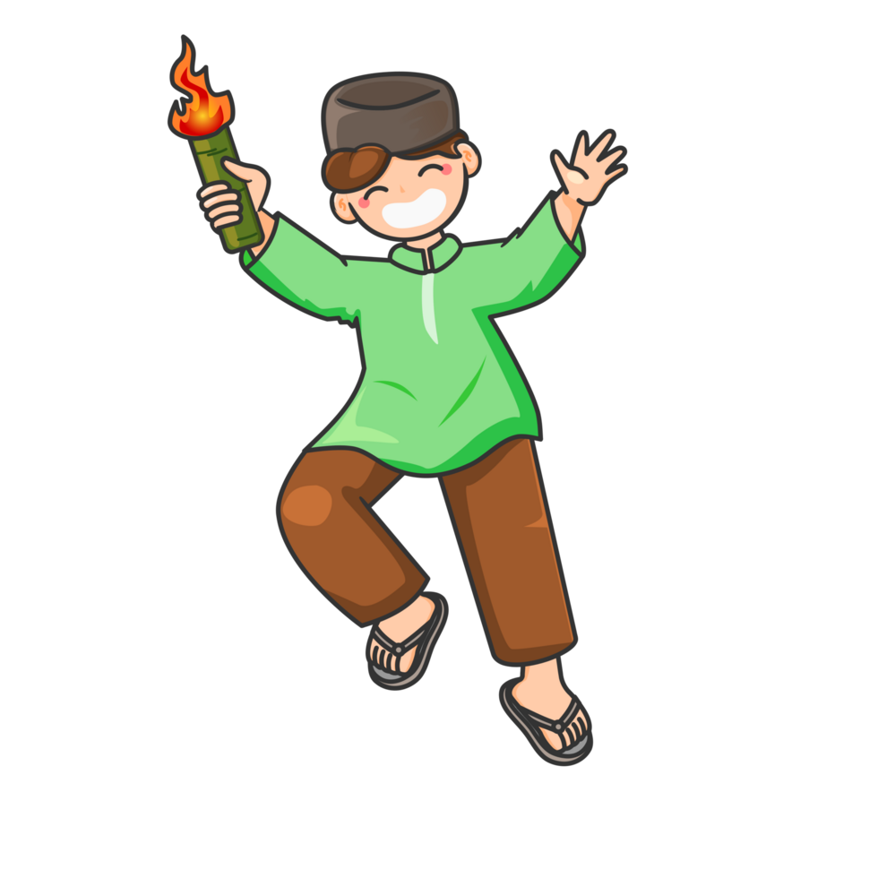 Happy Muslim boy cartoon wearing green clothes and black cap, smiling while holding a torch. Perfect for Islamic events like Muharram or lantern parade. png