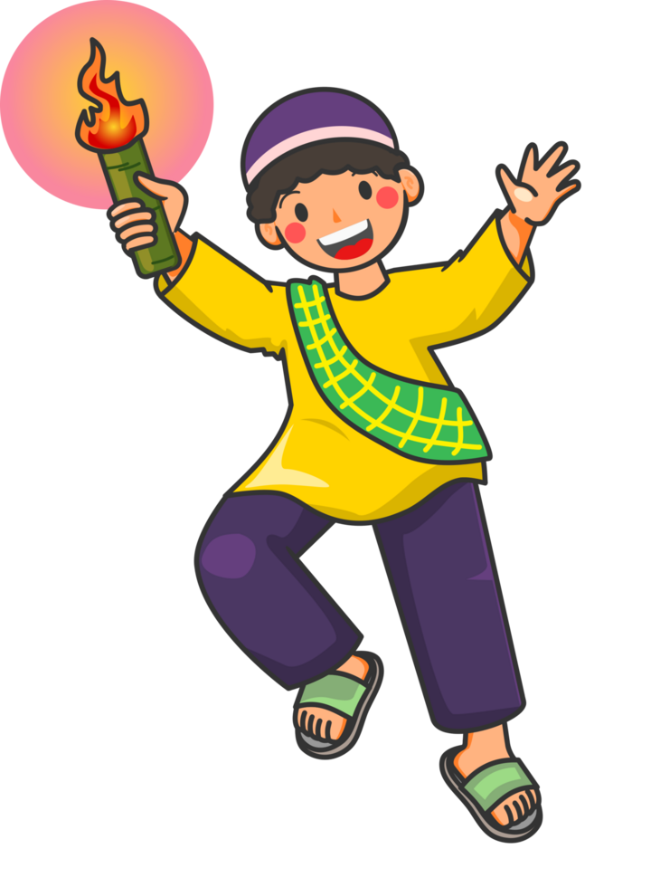 Cheerful Muslim boy with a glowing torch. Vibrant cartoon illustration capturing joy, tradition, and festive spirit. Perfect for Islamic holidays, Ramadan, and children's celebrations png